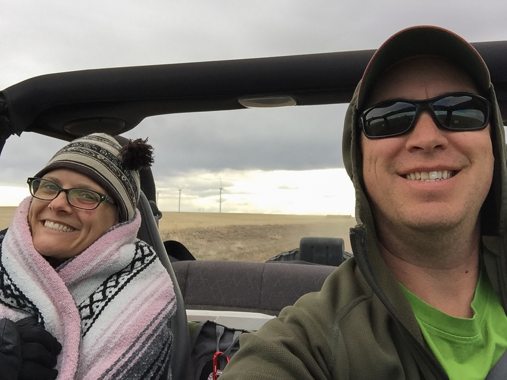 Bundled up to battle the forceful March winds with the Jeep top down on our way to our next stop on the day's adventure